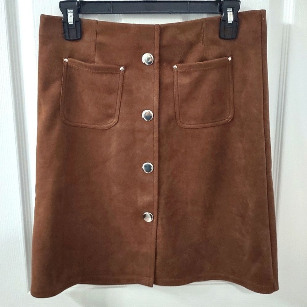 Suede Brown Button-Front Mini Skirt Size M